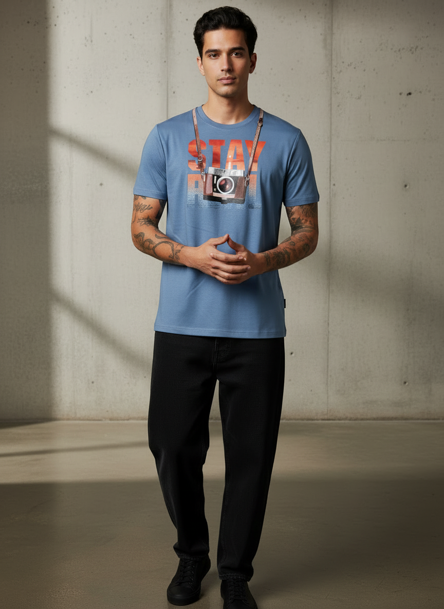 Stay Cam Regular Fit Blue T-Shirt