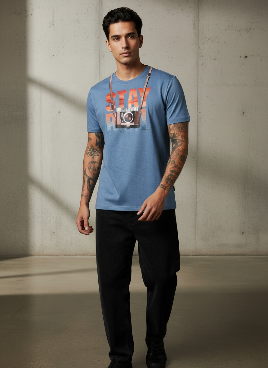 Stay Cam Regular Fit Blue T-Shirt