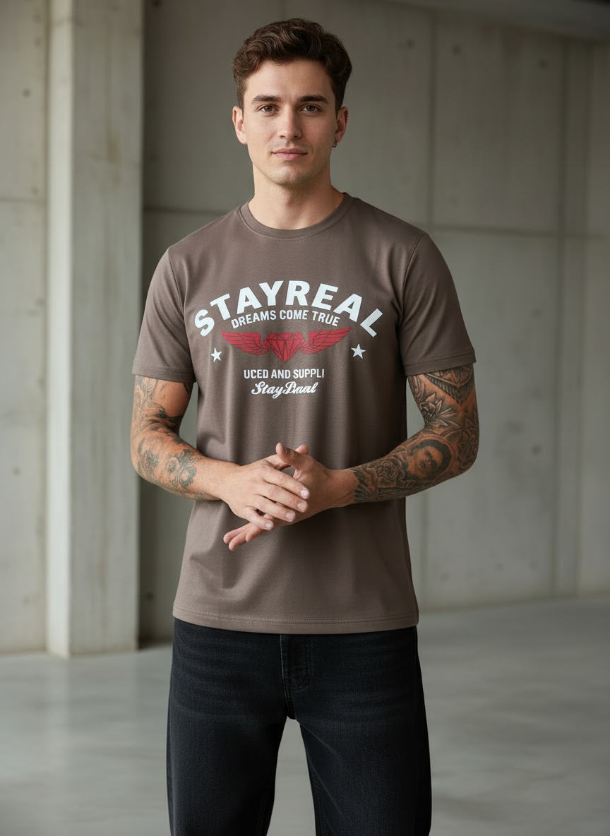 Stay Real Dream Regular Fit Brown T-Shirt