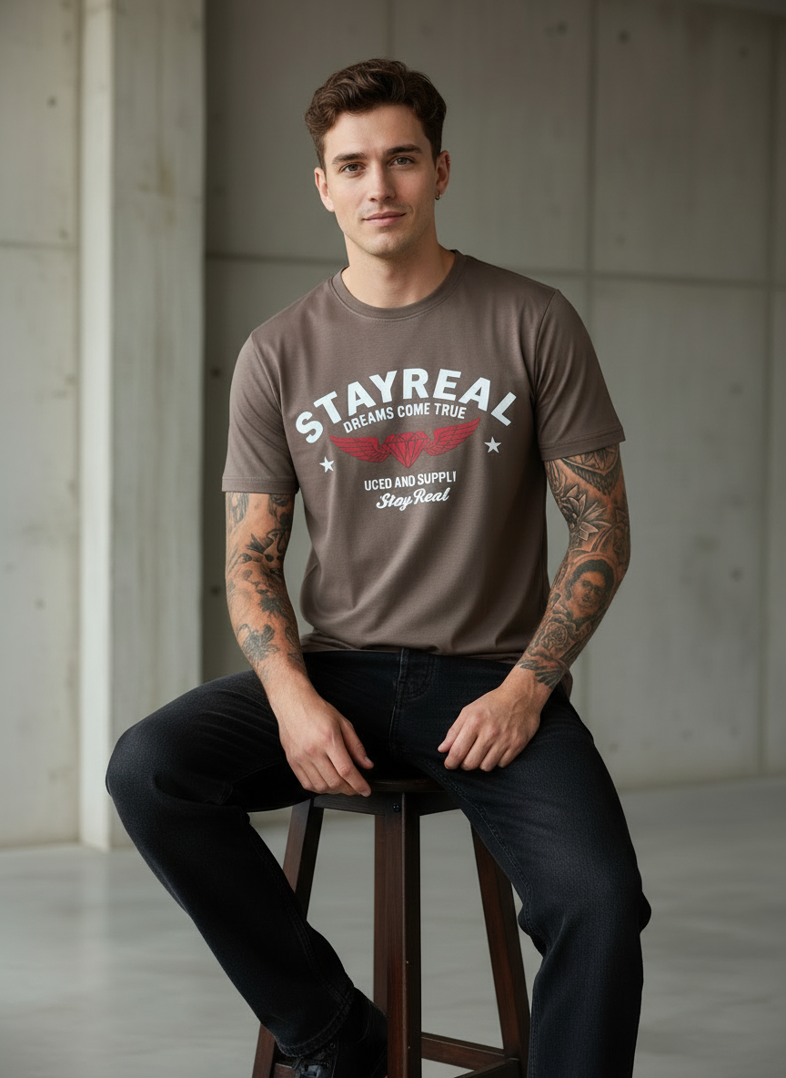 Stay Real Dream Regular Fit Brown T-Shirt