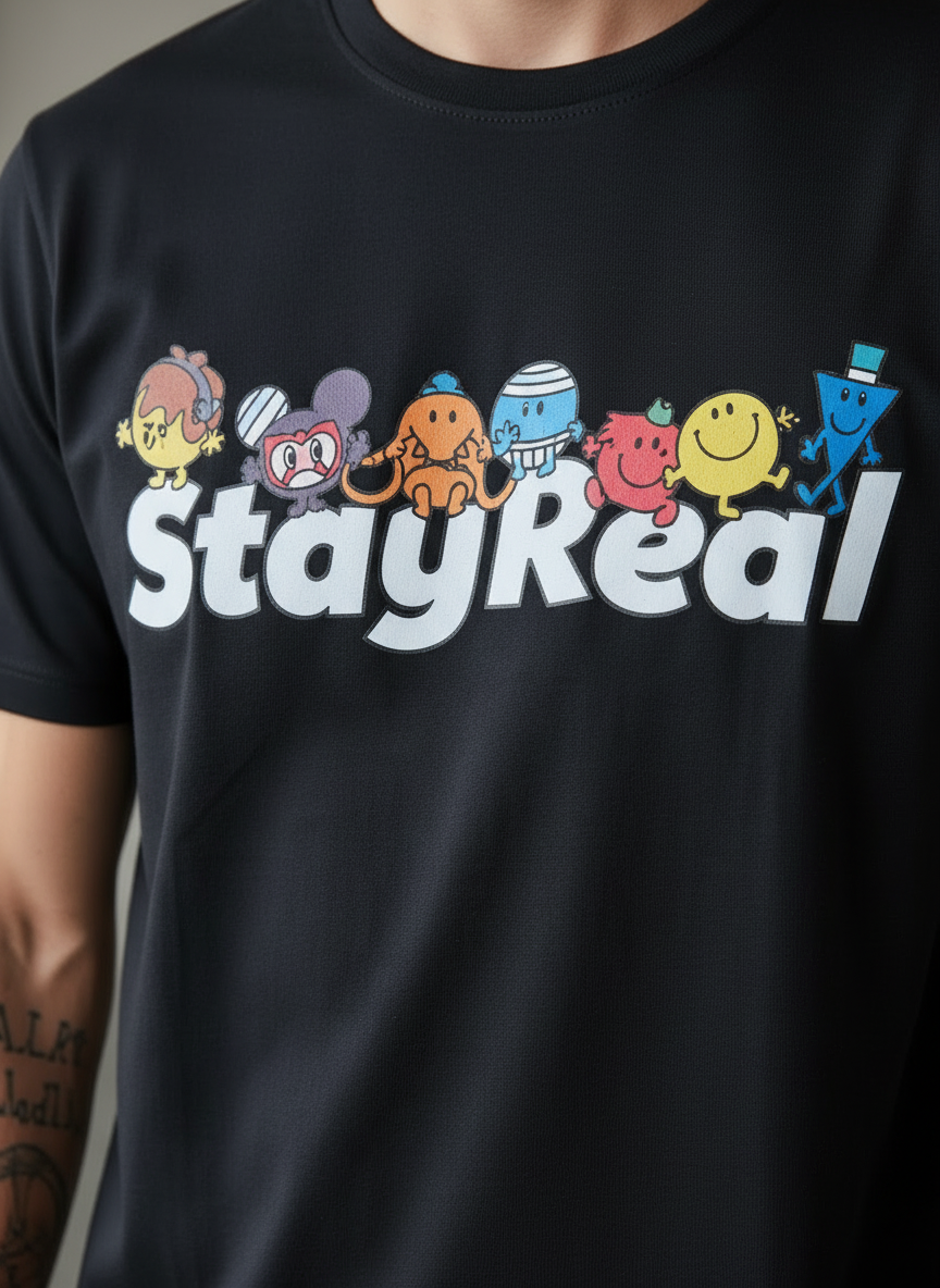 Stay Real Toons Regular Fit Black T-Shirt