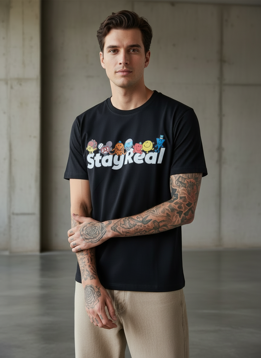 Stay Real Toons Regular Fit Black T-Shirt
