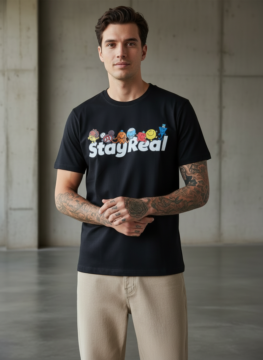 Stay Real Toons Regular Fit Black T-Shirt