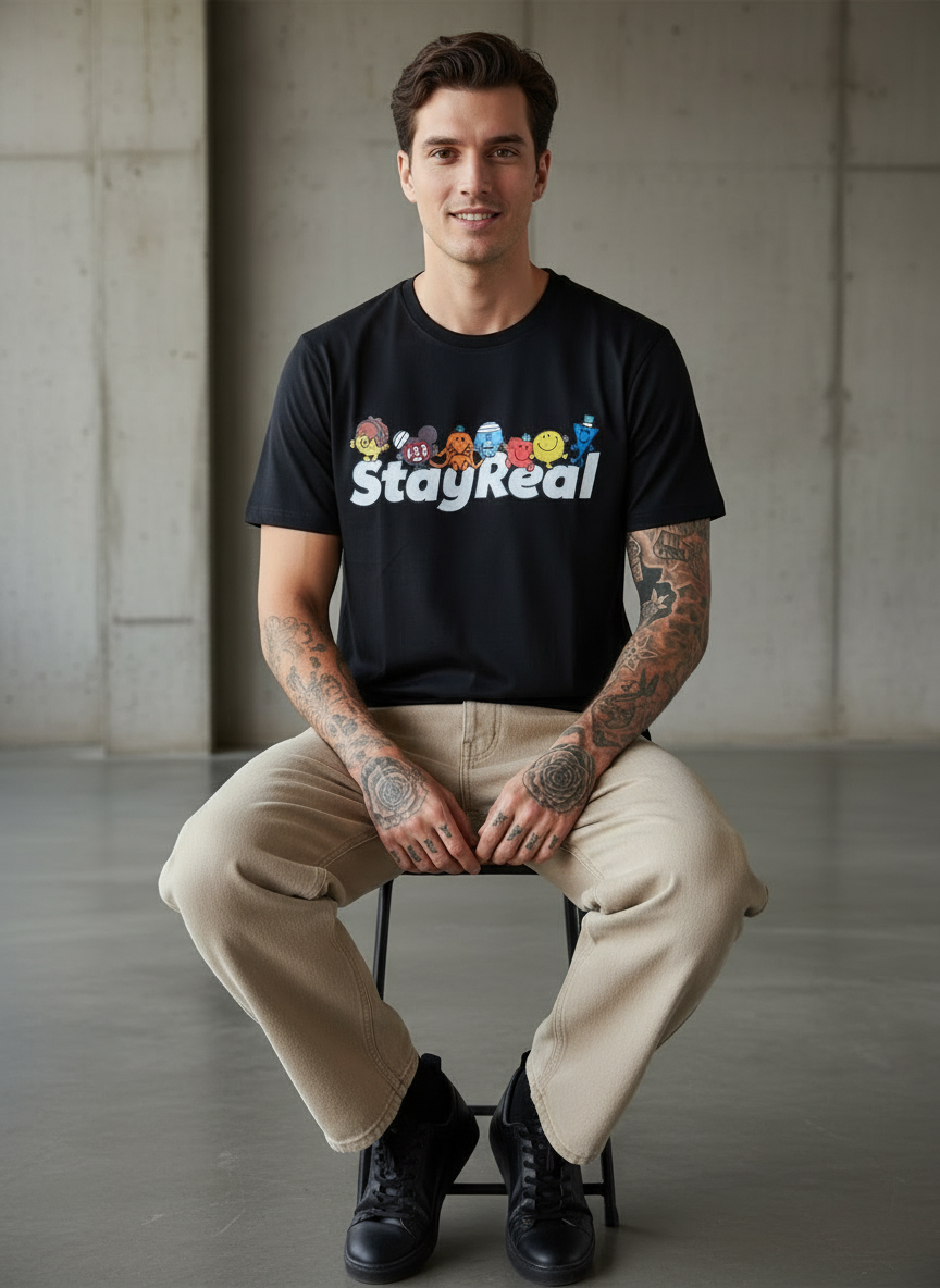 Stay Real Toons Regular Fit Black T-Shirt