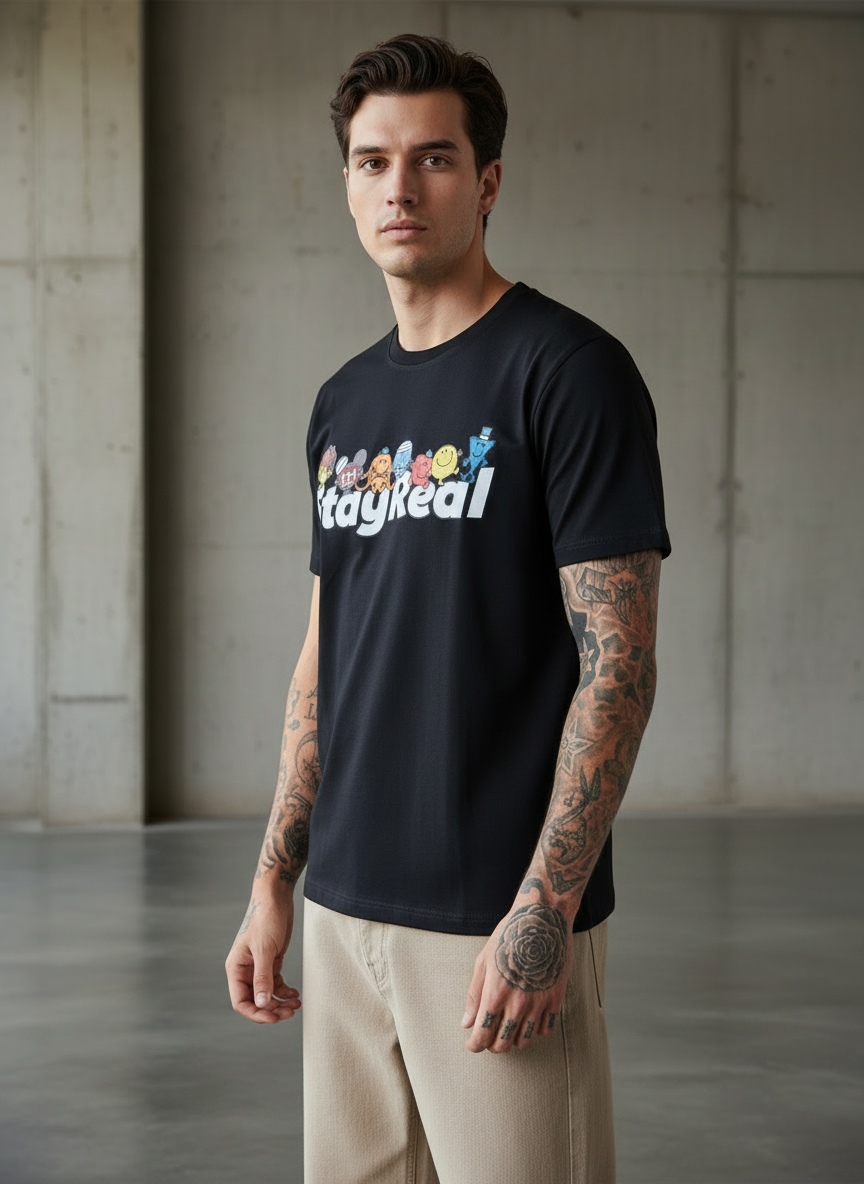 Stay Real Toons Regular Fit Black T-Shirt
