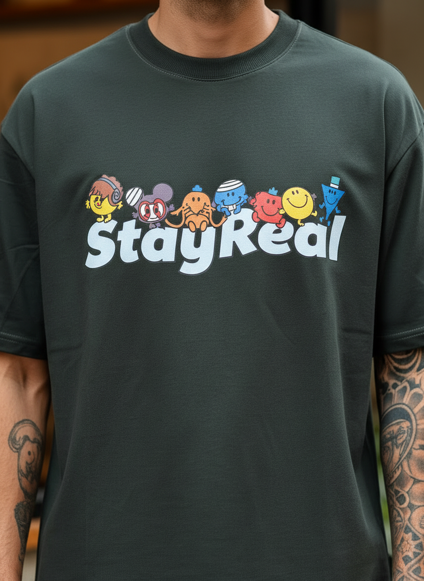 Stay Real Toons Oversized Dark Green T-Shirt