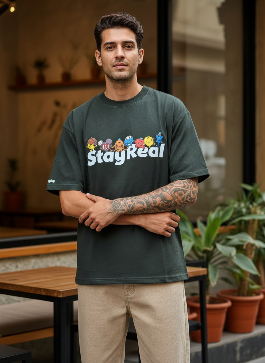 Stay Real Toons Oversized Dark Green T-Shirt