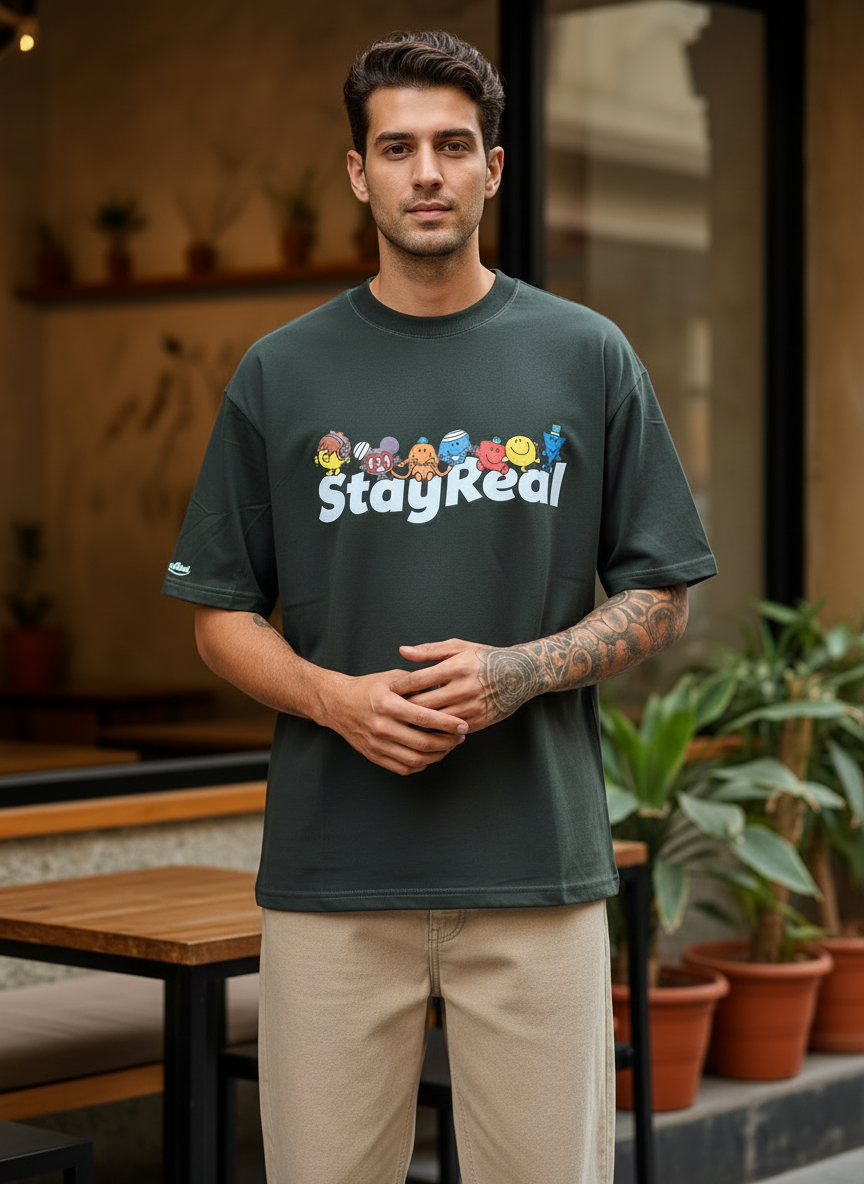 Stay Real Toons Oversized Dark Green T-Shirt
