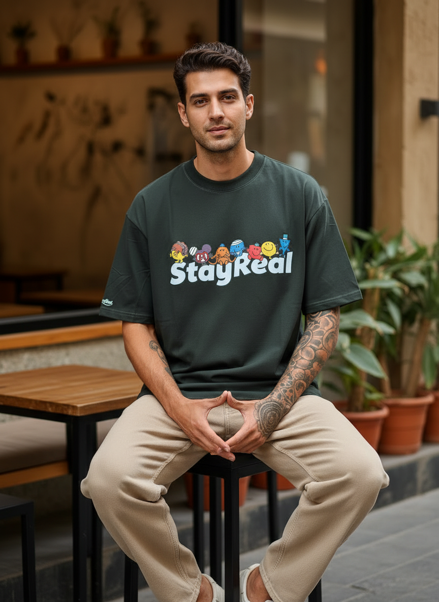 Stay Real Toons Oversized Dark Green T-Shirt