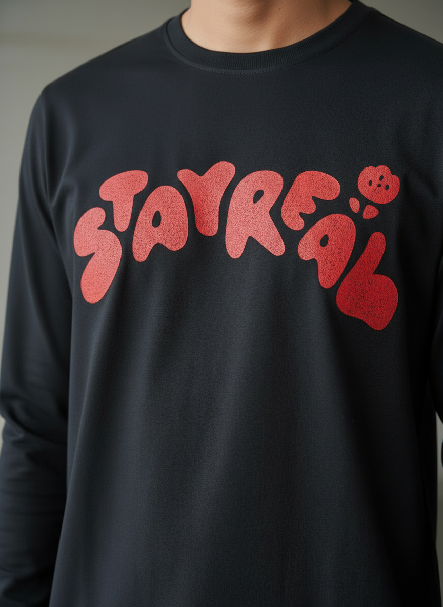 Stay Real Black Regular Full Sleeves T-Shirt