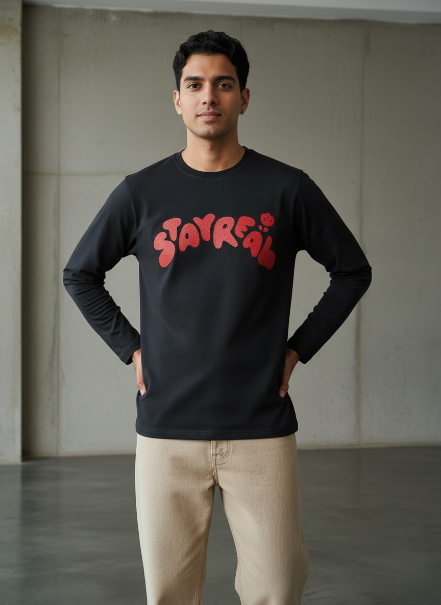Stay Real Black Regular Full Sleeves T-Shirt