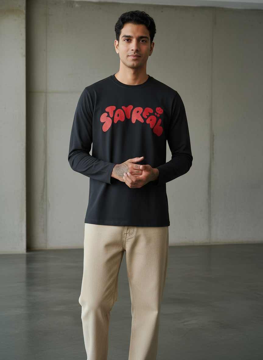 Stay Real Black Regular Full Sleeves T-Shirt
