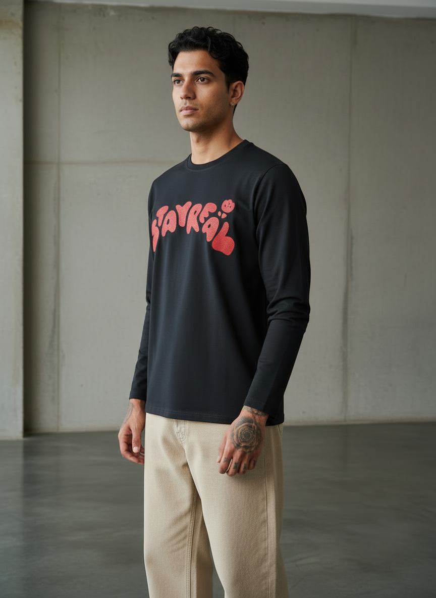 Stay Real Black Regular Full Sleeves T-Shirt