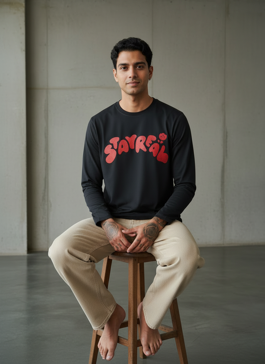 Stay Real Black Regular Full Sleeves T-Shirt