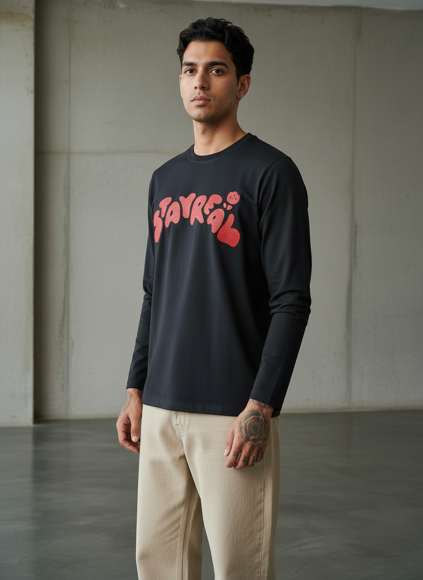 Stay Real Black Regular Full Sleeves T-Shirt