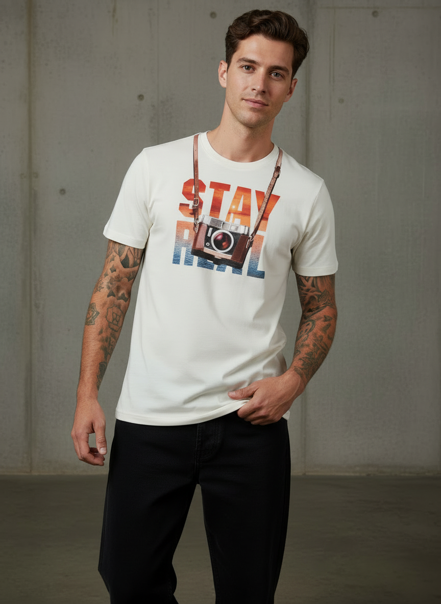 Stay Cam Regular Fit White T-Shirt