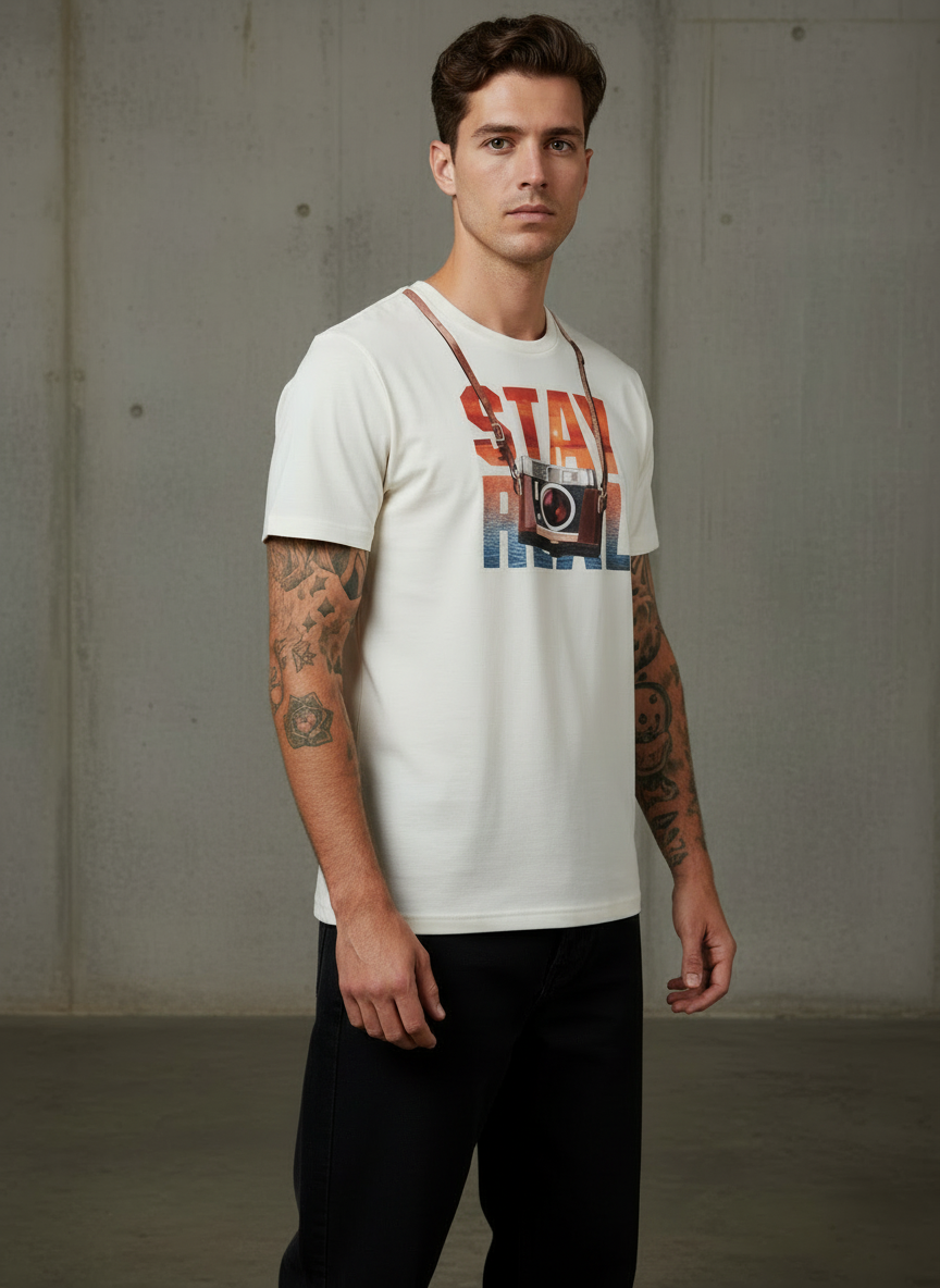 Stay Cam Regular Fit White T-Shirt