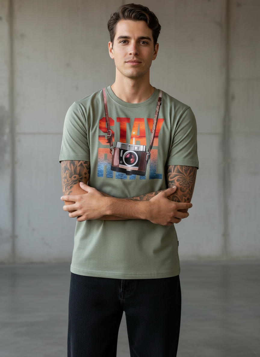 Stay Cam Regular Fit Green T-Shirt