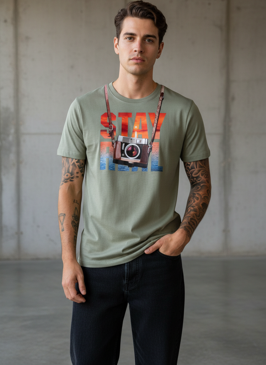 Stay Cam Regular Fit Green T-Shirt