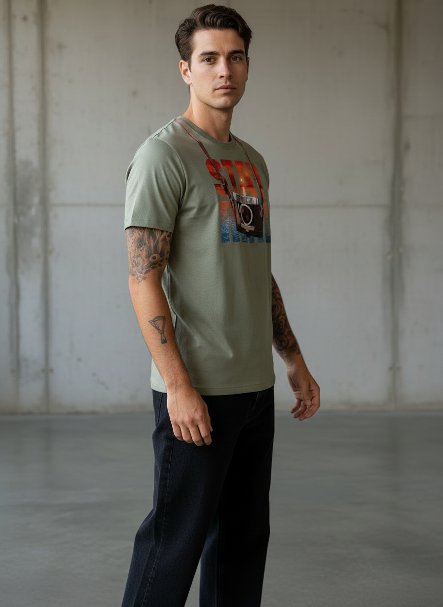 Stay Cam Regular Fit Green T-Shirt