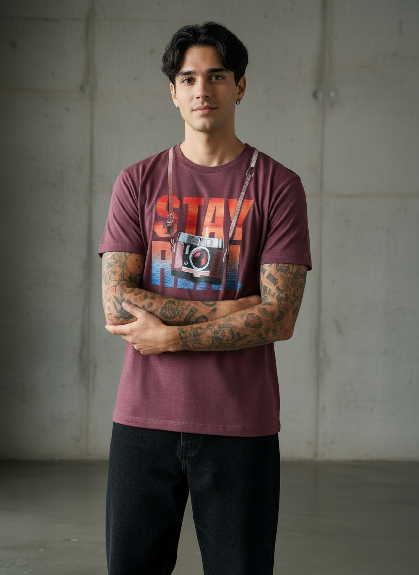 Stay Cam Regular Fit Maroon T-Shirt