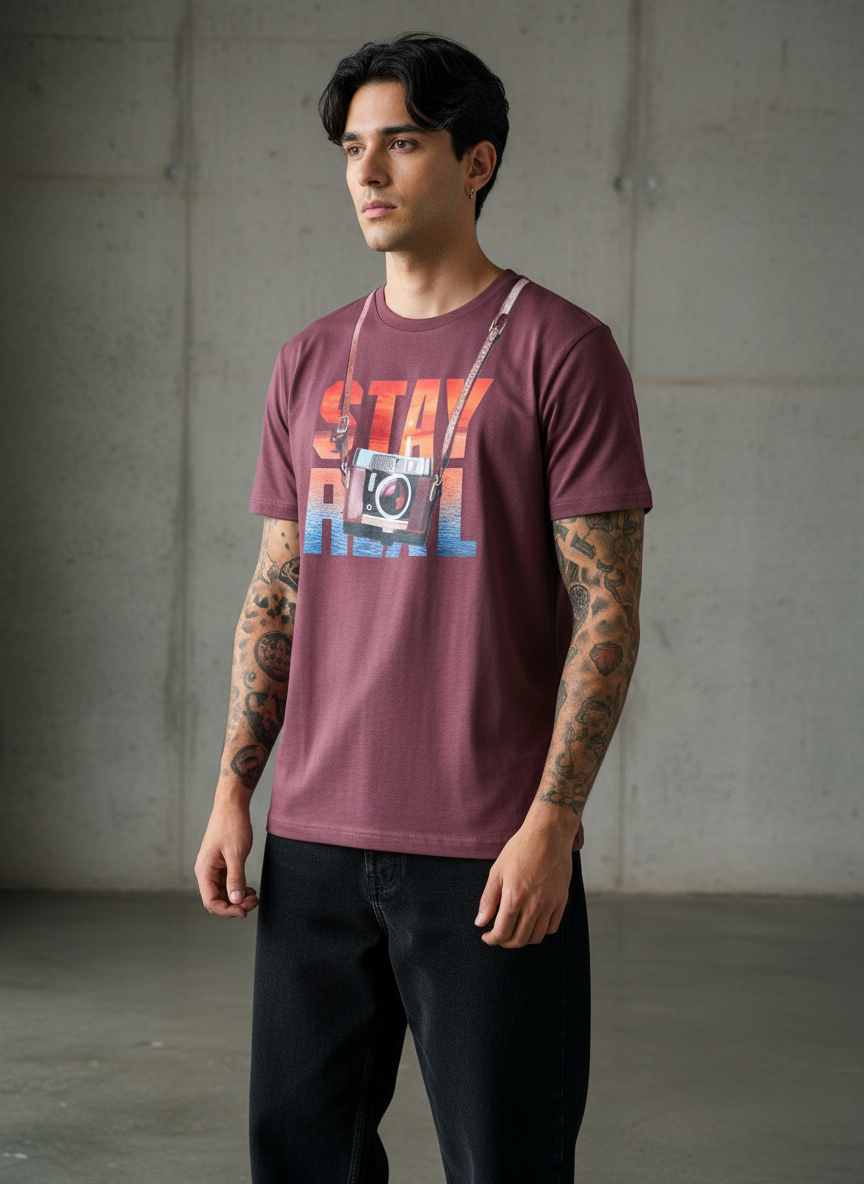 Stay Cam Regular Fit Maroon T-Shirt