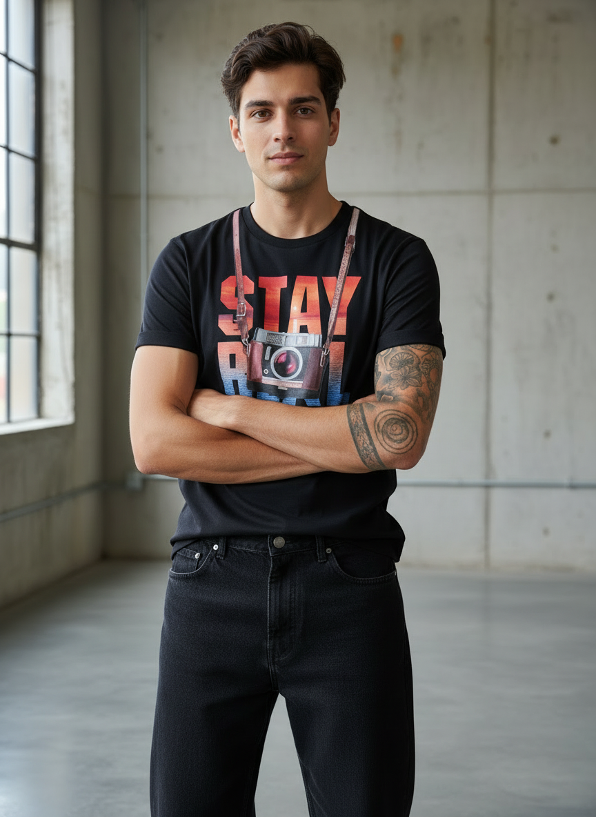 Stay Cam Regular Fit Black T-Shirt