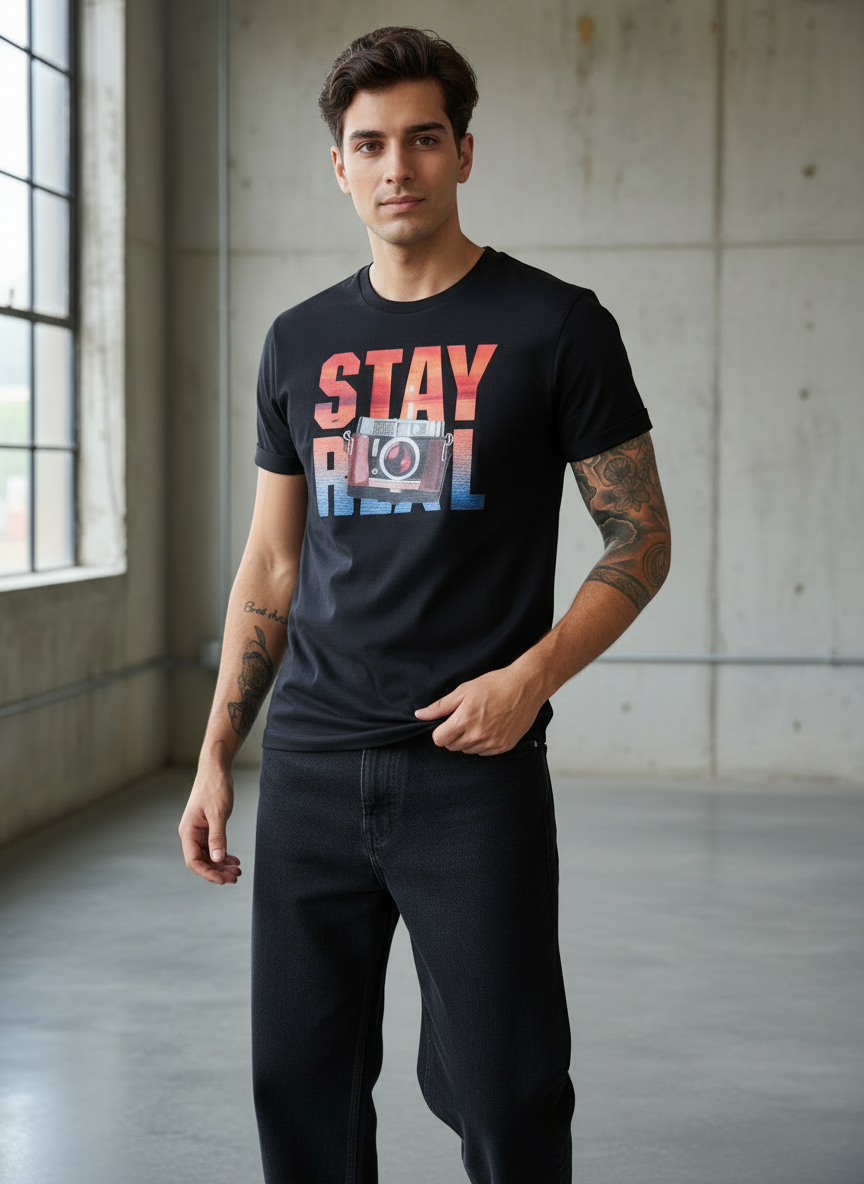 Stay Cam Regular Fit Black T-Shirt