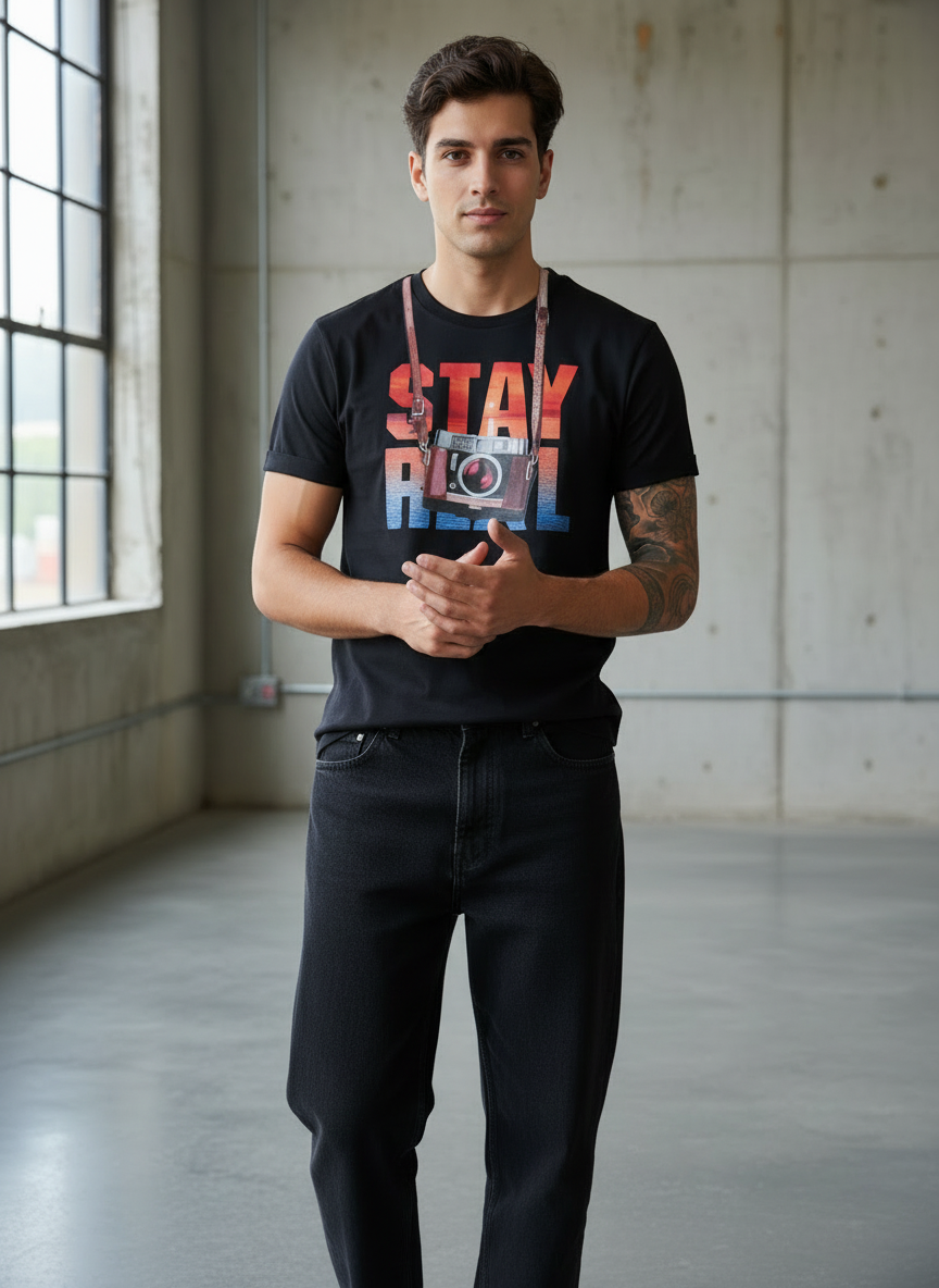 Stay Cam Regular Fit Black T-Shirt