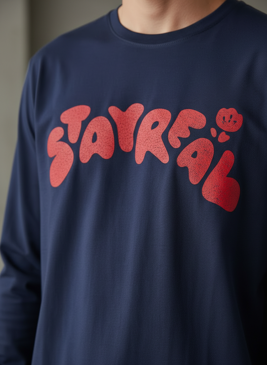 Stay Real Navy Blue Regular Full Sleeves T-Shirt