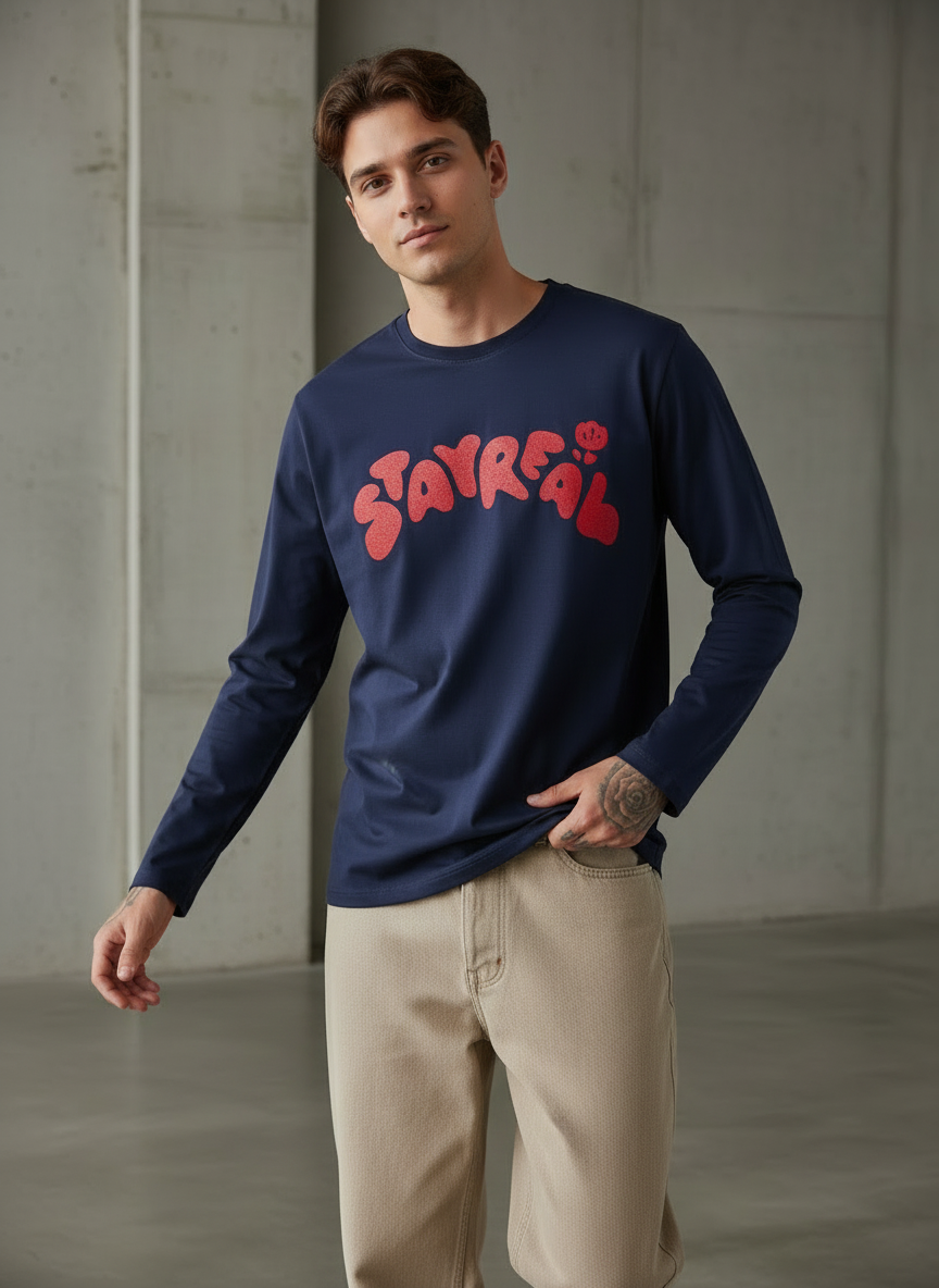 Stay Real Navy Blue Regular Full Sleeves T-Shirt