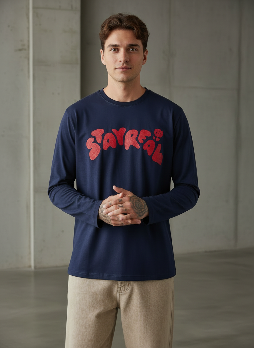 Stay Real Navy Blue Regular Full Sleeves T-Shirt