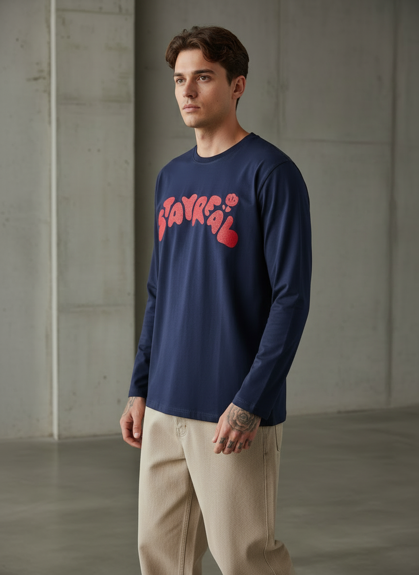 Stay Real Navy Blue Regular Full Sleeves T-Shirt