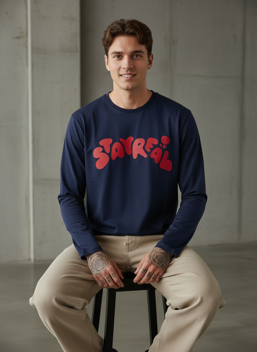 Stay Real Navy Blue Regular Full Sleeves T-Shirt