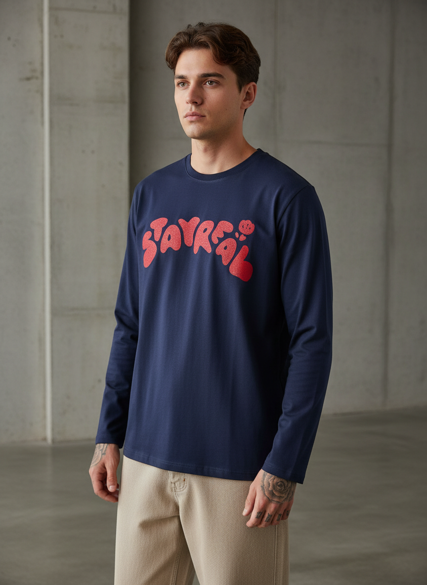 Stay Real Navy Blue Regular Full Sleeves T-Shirt