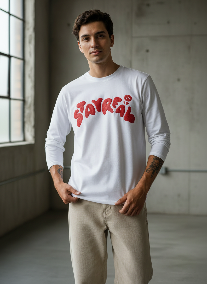 Stay Real White Regular Full Sleeves T-Shirt