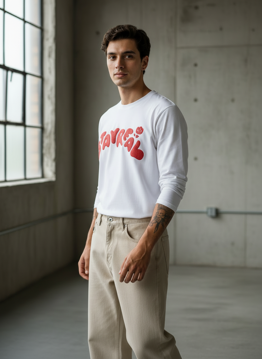 Stay Real White Regular Full Sleeves T-Shirt