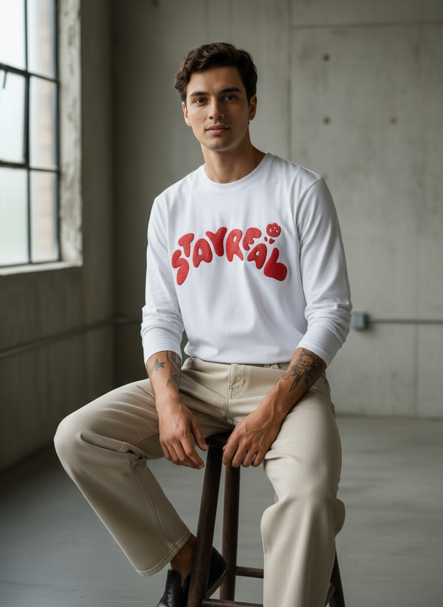 Stay Real White Regular Full Sleeves T-Shirt
