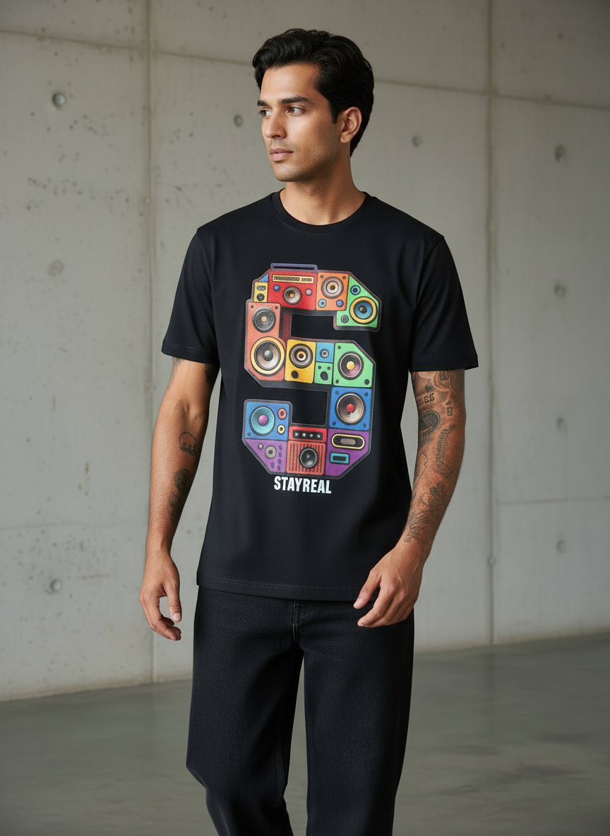 SR Musical Regular Fit Black T-Shirt