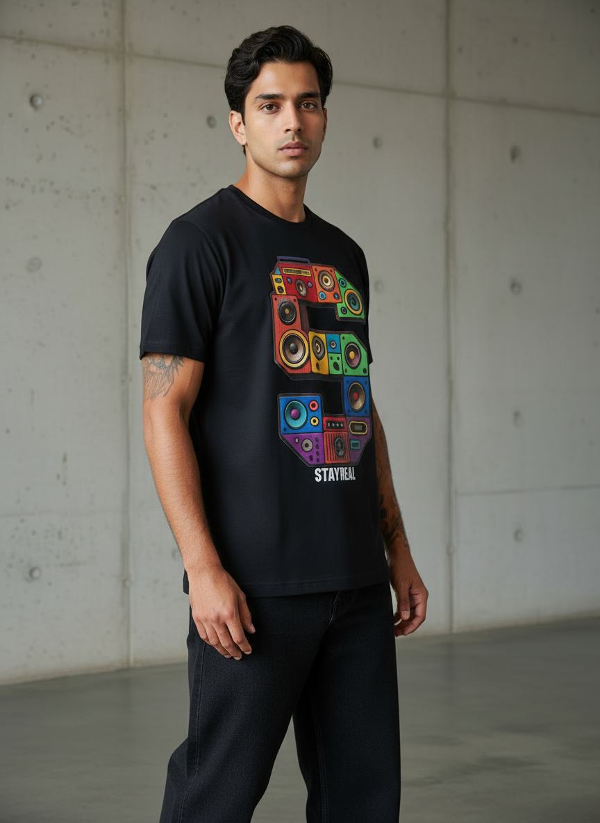 SR Musical Regular Fit Black T-Shirt