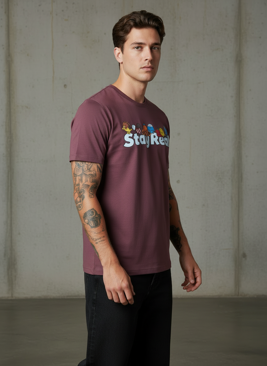 Stay Real Toons Regular Fit Pink T-Shirt