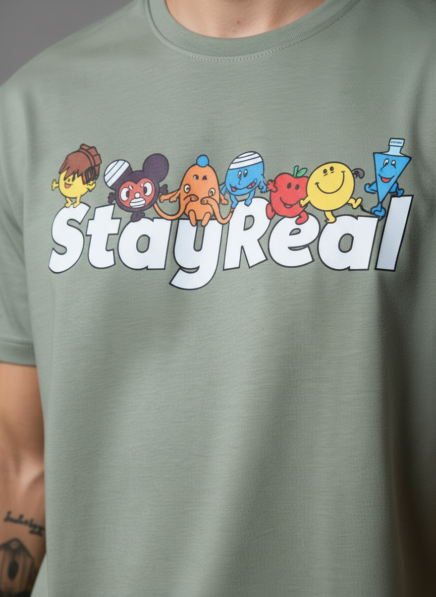 Stay Real Toons Regular Fit Green T-Shirt