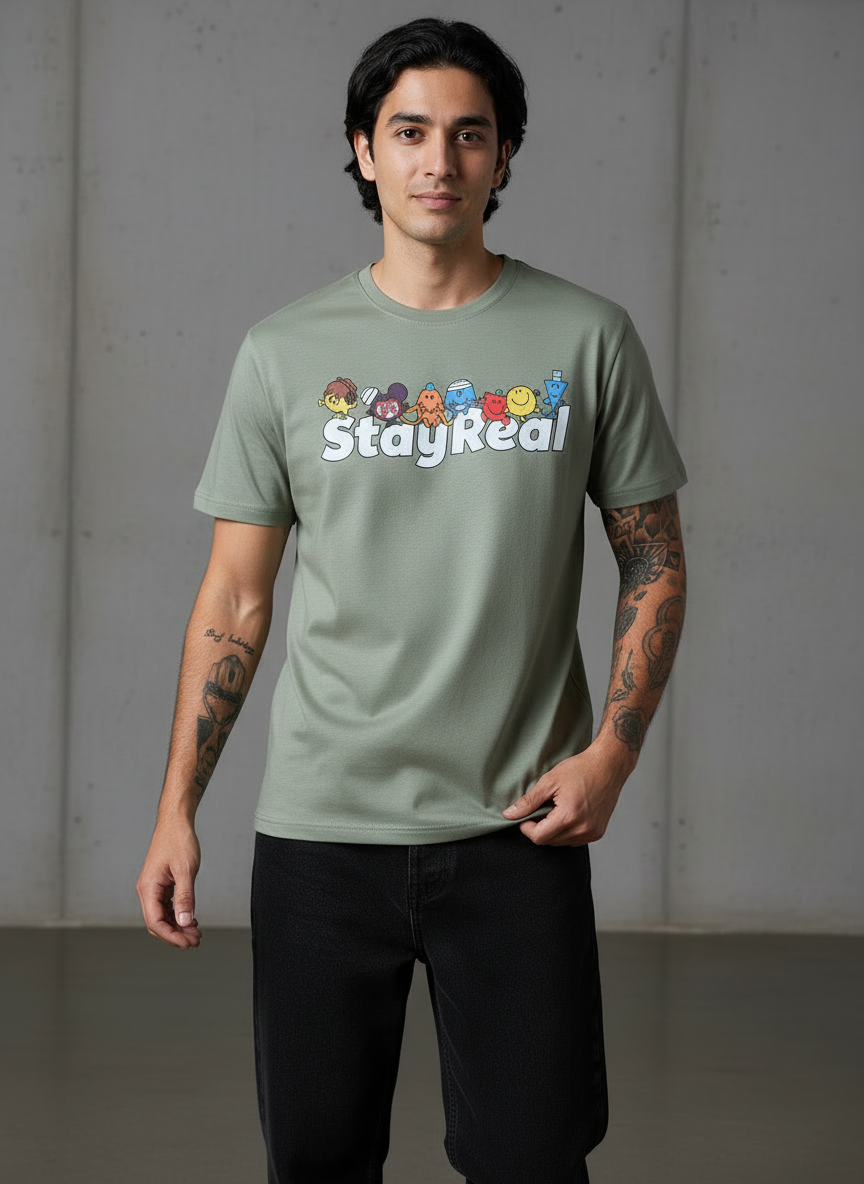 Stay Real Toons Regular Fit Green T-Shirt