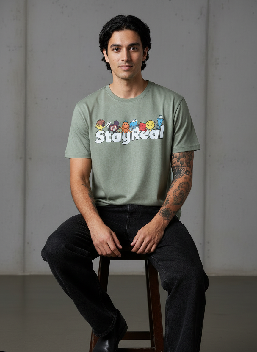 Stay Real Toons Regular Fit Green T-Shirt