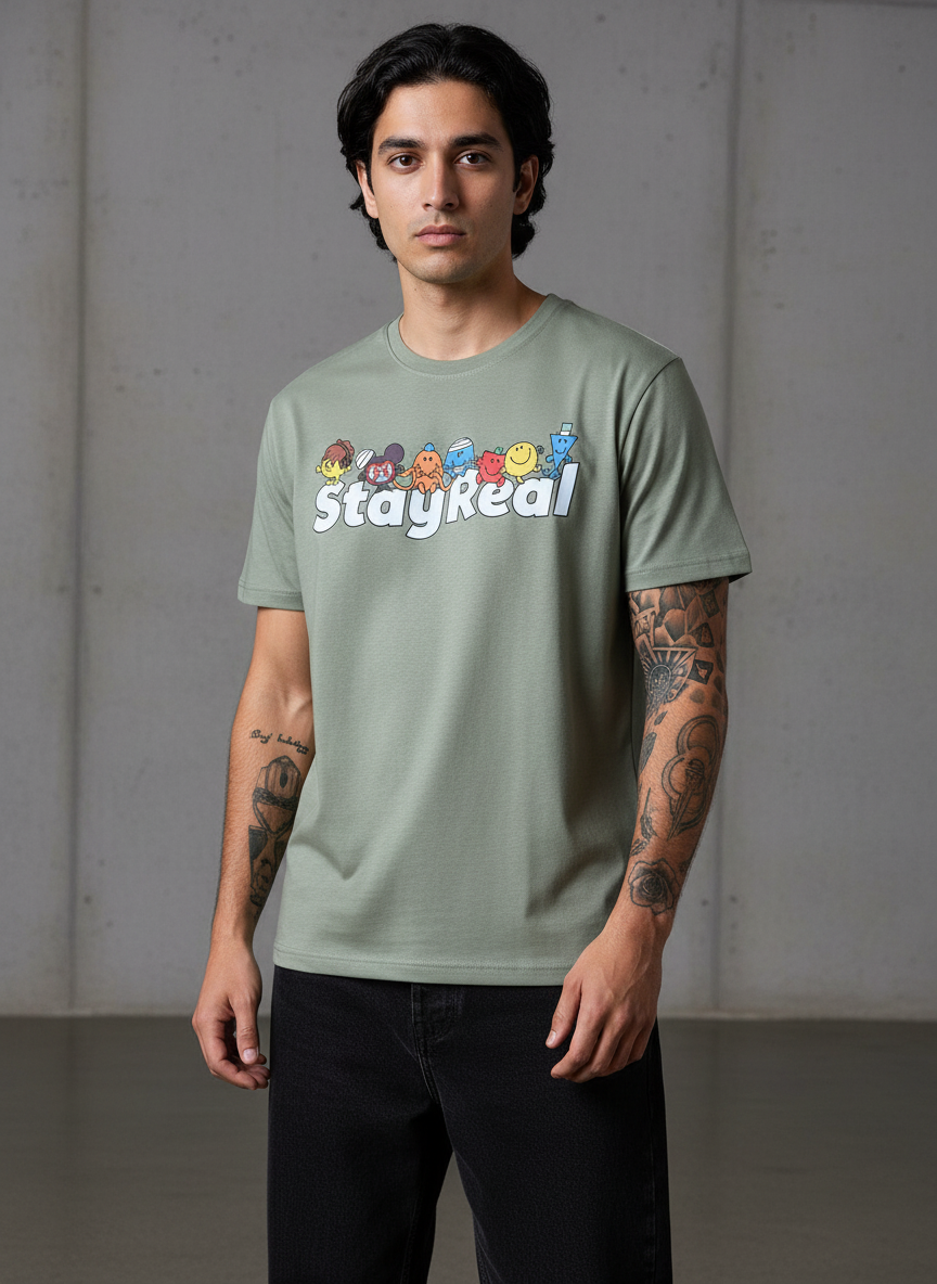Stay Real Toons Regular Fit Green T-Shirt