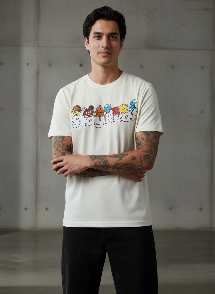 Stay Real Toons Regular Fit White T-Shirt