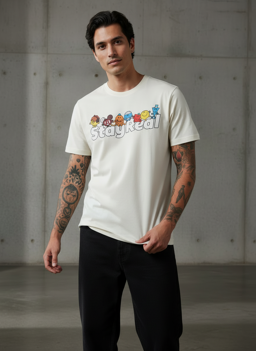 Stay Real Toons Regular Fit White T-Shirt