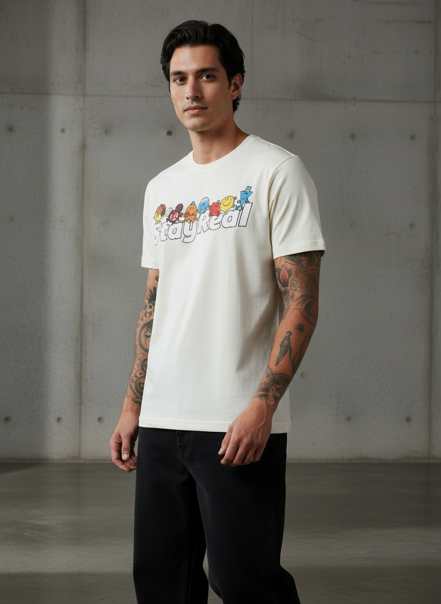 Stay Real Toons Regular Fit White T-Shirt