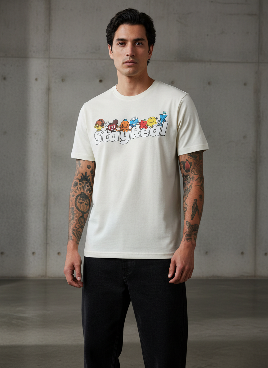 Stay Real Toons Regular Fit White T-Shirt