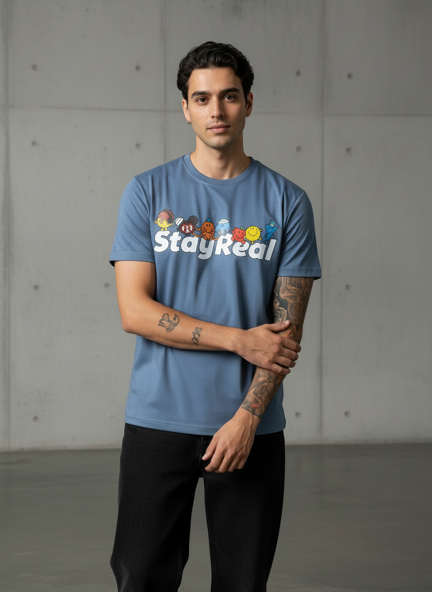 Stay Real Toons Regular Fit Blue T-Shirt